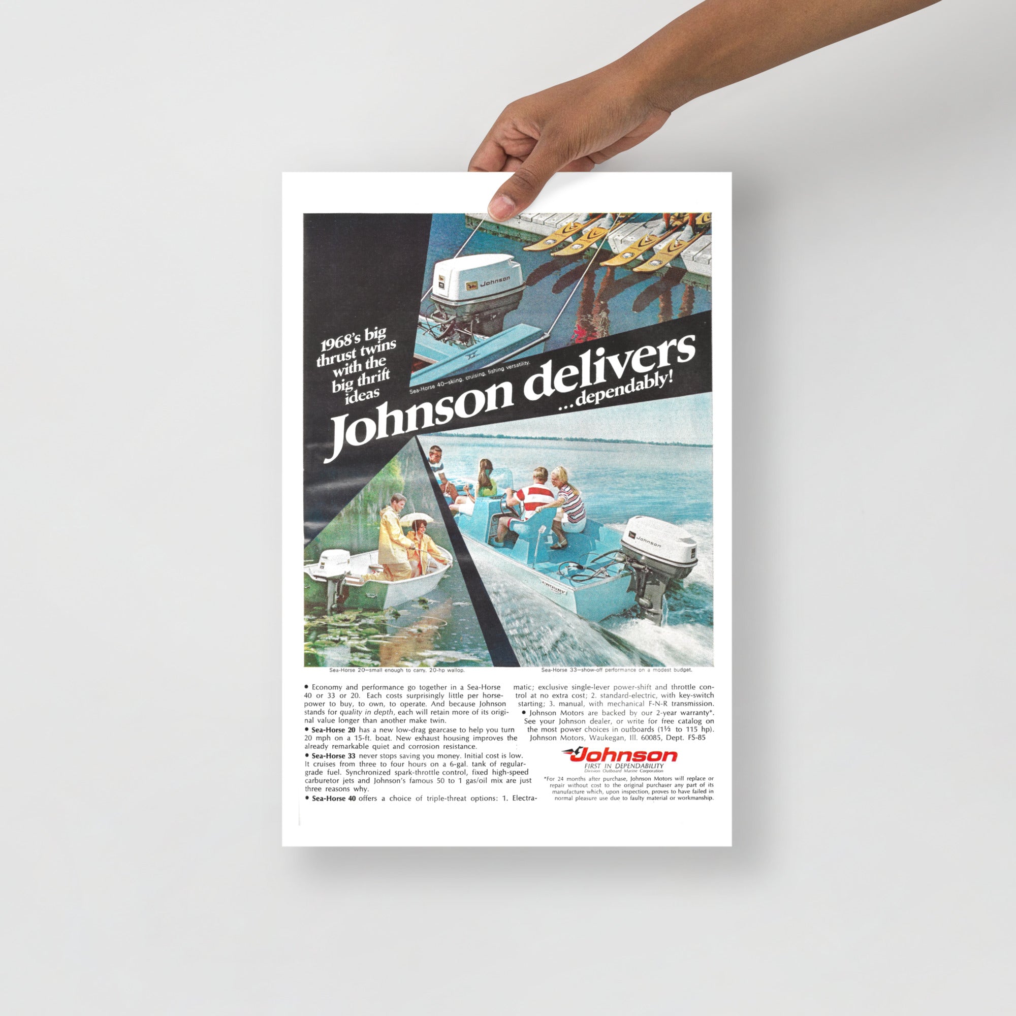 ウォールポスター　ヴィンテージ Johnson & Johnson Johnson Delivers Vintage Boat Motor Ad Poster (1968) – Classic